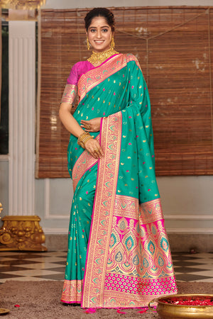 Sea Green Banarasi Silk Saree With Blouse