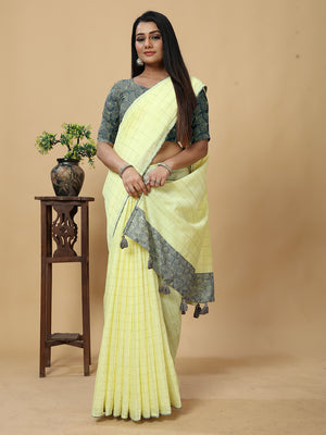 Yellow Linen Saree With Blouse Piece
