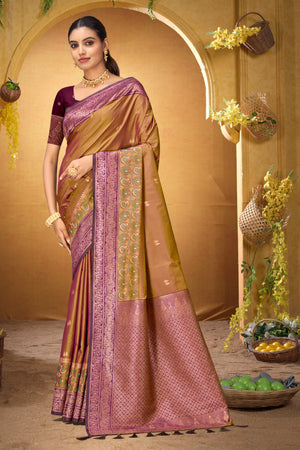 Mustard Gold Silk Woven Work Traditional Saree