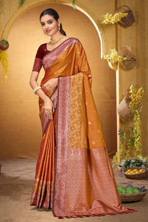 Copper Orange Silk Woven Work Traditional Saree