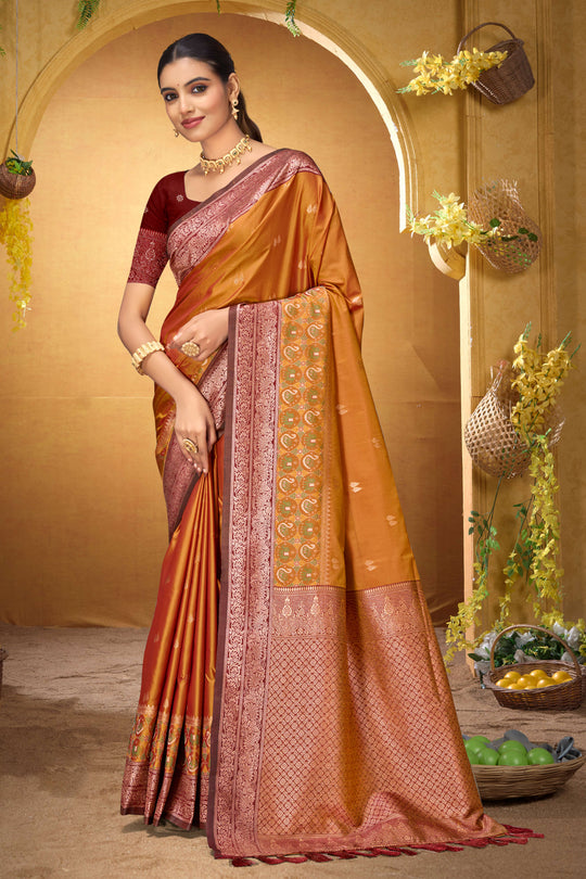 Copper Orange Silk Woven Work Traditional Saree