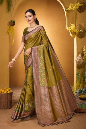Olive Green Silk Woven Work Traditional Saree