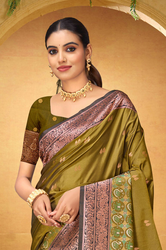 Olive Green Silk Woven Work Traditional Saree