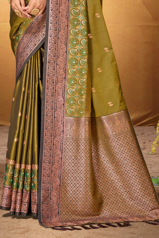 Olive Green Silk Woven Work Traditional Saree