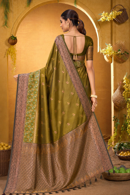 Olive Green Silk Woven Work Traditional Saree