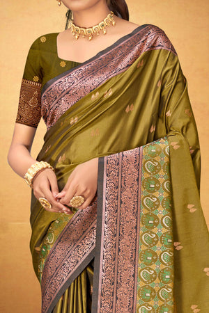 Olive Green Silk Woven Work Traditional Saree