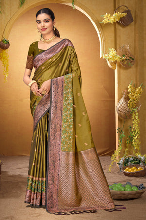 Olive Green Silk Woven Work Traditional Saree