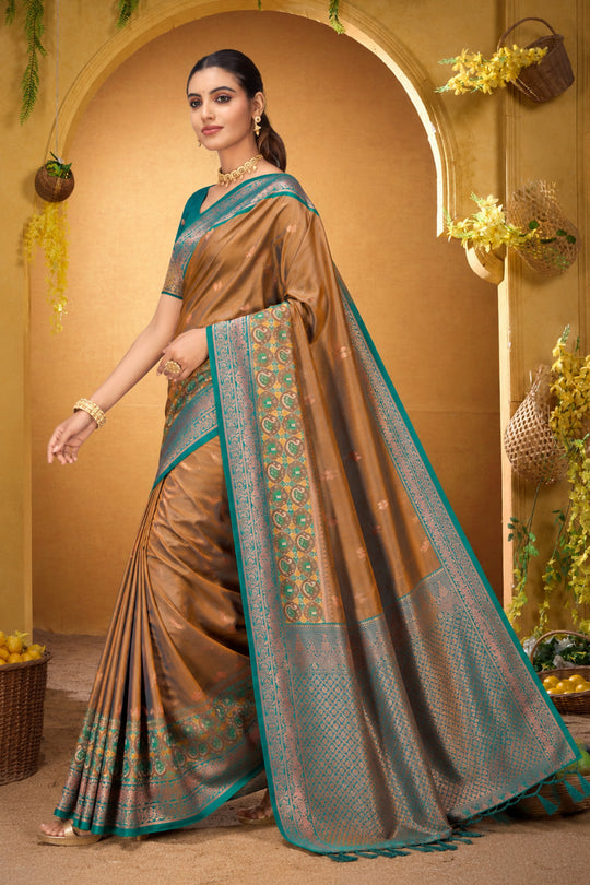 Bronze Gold Silk Woven Work Traditional Saree
