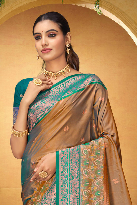 Bronze Gold Silk Woven Work Traditional Saree