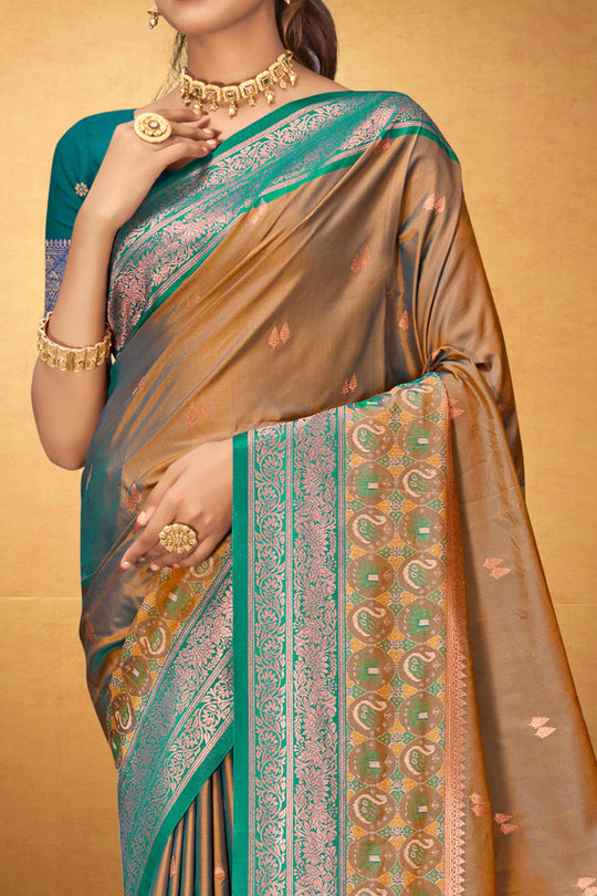 Bronze Gold Silk Woven Work Traditional Saree