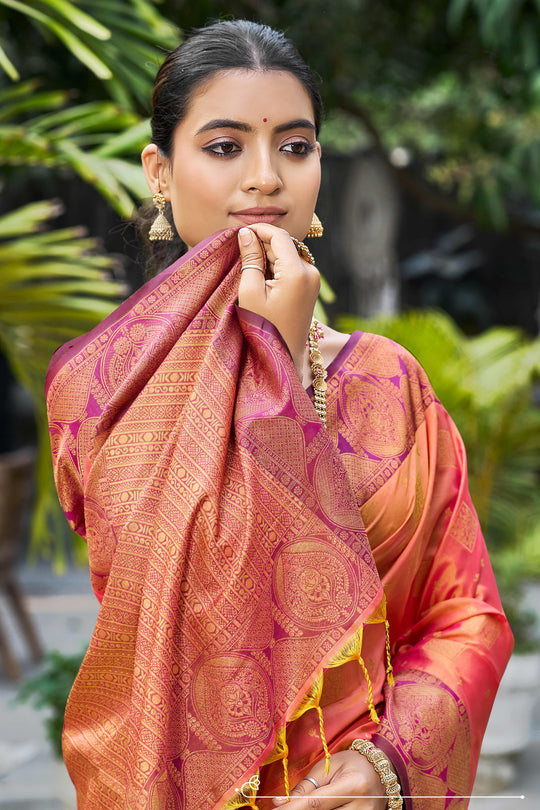 Peach Orange Soft Silk Woven Work Traditional Saree