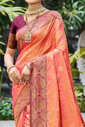 Peach Orange Soft Silk Woven Work Traditional Saree