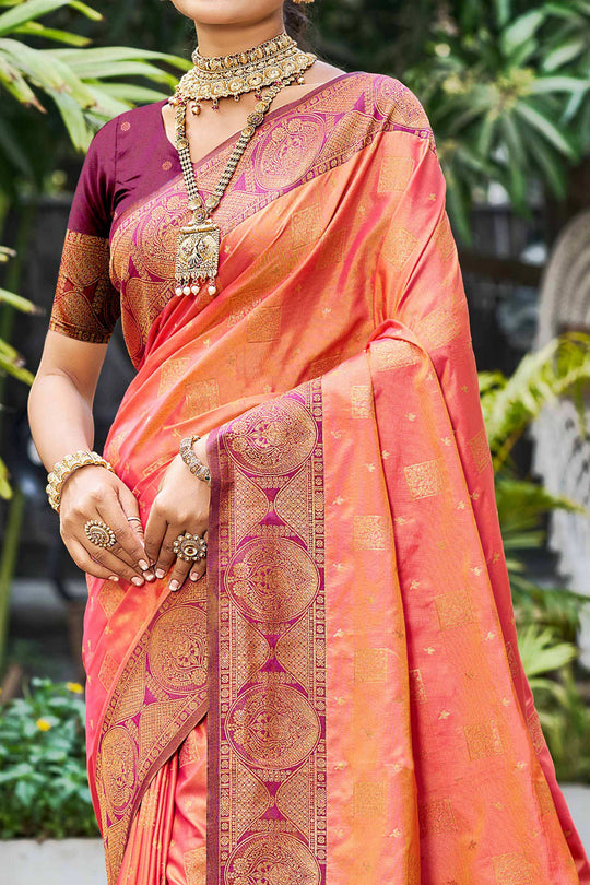 Peach Orange Soft Silk Woven Work Traditional Saree