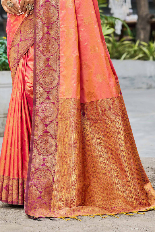 Peach Orange Soft Silk Woven Work Traditional Saree