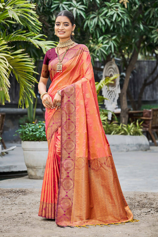 Peach Orange Soft Silk Woven Work Traditional Saree