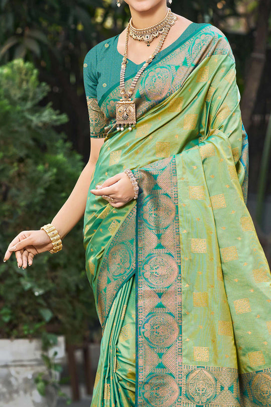 Light Pista Green Soft Silk Woven Work Traditional Saree