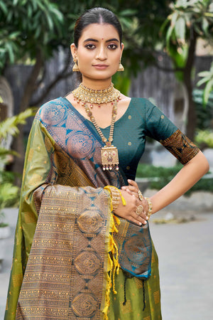 Olive Green Soft Silk Woven Work Traditional Saree
