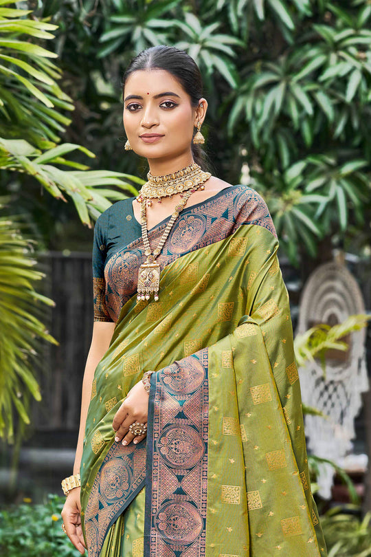 Olive Green Soft Silk Woven Work Traditional Saree