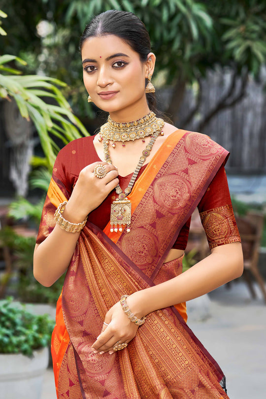 Saffron Orange Soft Silk Woven Work Traditional Saree