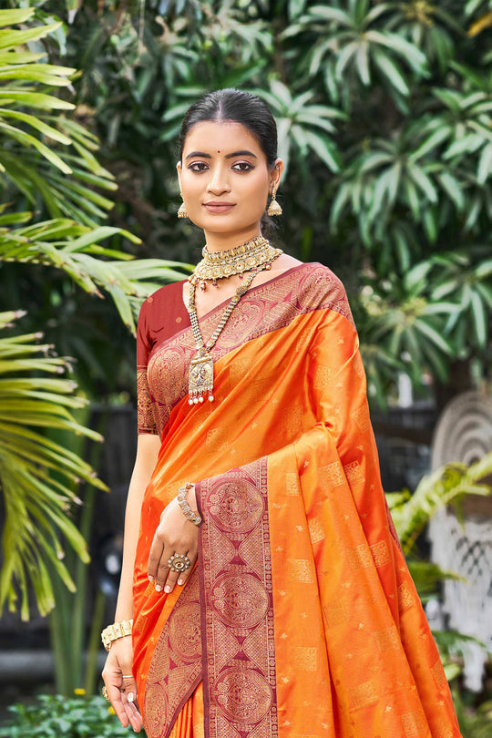 Saffron Orange Soft Silk Woven Work Traditional Saree
