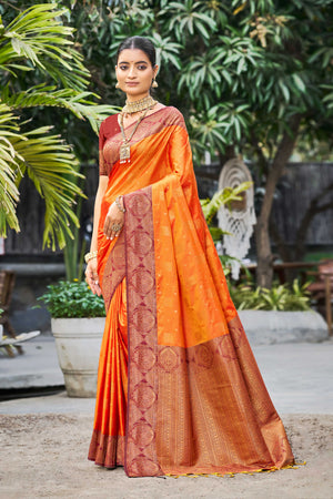 Saffron Orange Soft Silk Woven Work Traditional Saree