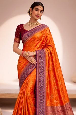Bright Orange Soft Silk Woven Work Traditional Saree