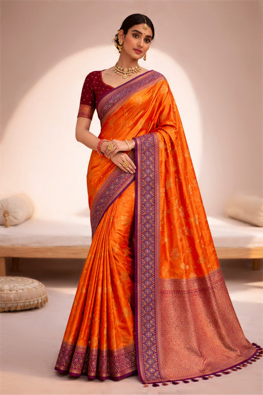 Bright Orange Soft Silk Woven Work Traditional Saree