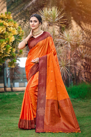 Saffron Orange Soft Silk Woven Work Traditional Saree