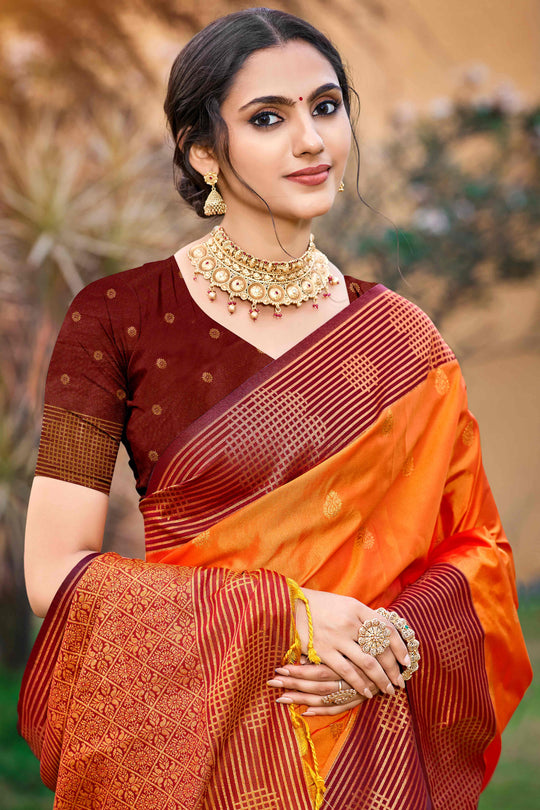 Saffron Orange Soft Silk Woven Work Traditional Saree