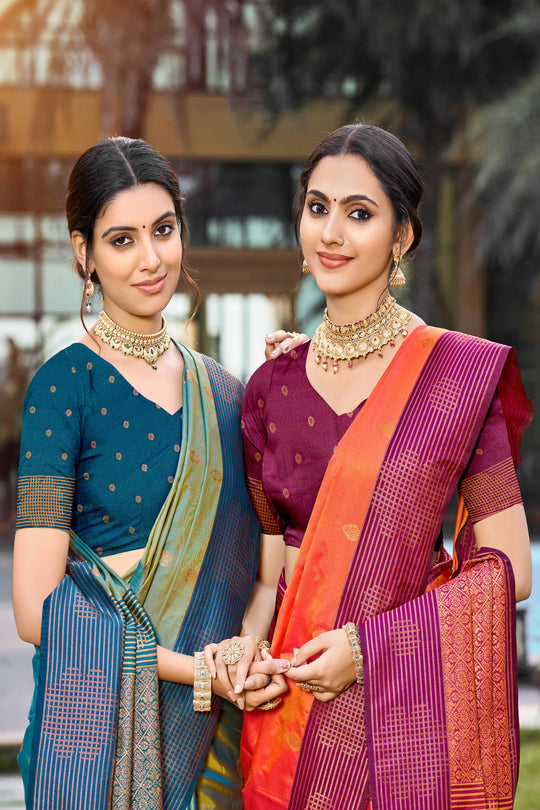 Saffron Orange Soft Silk Woven Work Traditional Saree