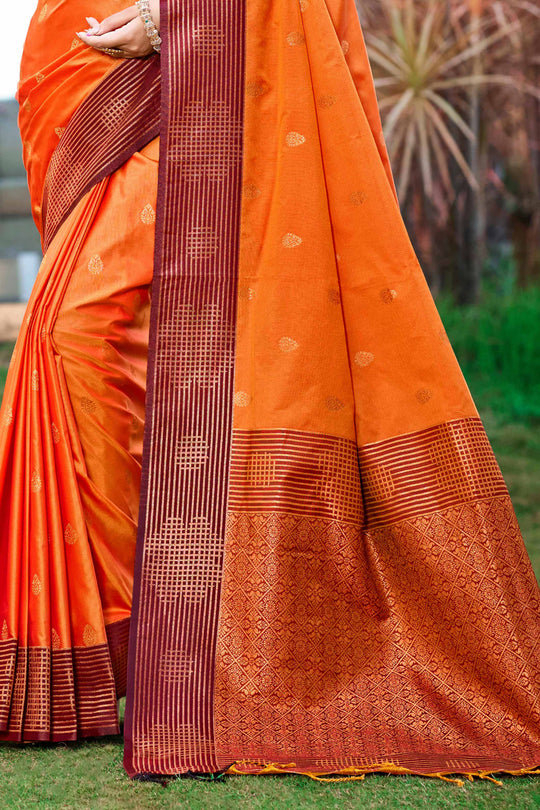 Saffron Orange Soft Silk Woven Work Traditional Saree