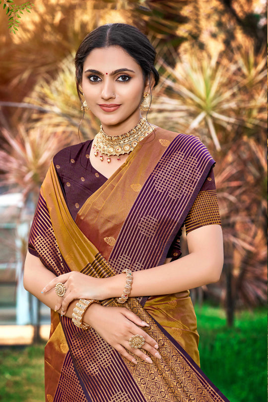 Golden Brown Soft Silk Woven Work Traditional Saree