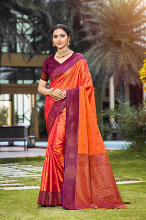 Bright Orange Soft Silk Woven Work Traditional Saree