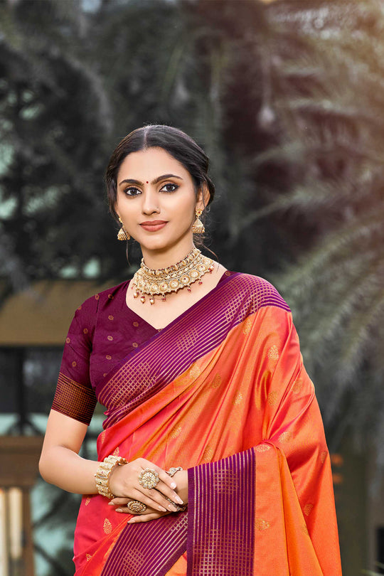 Bright Orange Soft Silk Woven Work Traditional Saree
