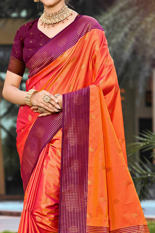 Bright Orange Soft Silk Woven Work Traditional Saree