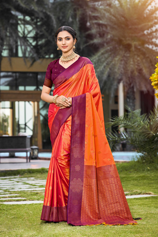 Bright Orange Soft Silk Woven Work Traditional Saree