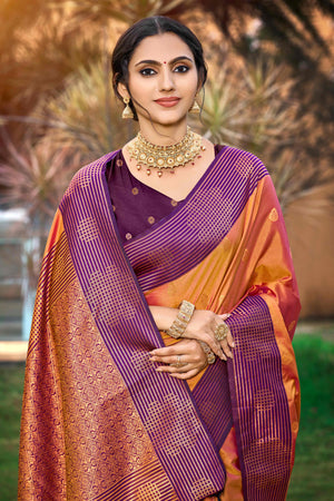 Peach Orange Soft Silk Woven Work Traditional Saree