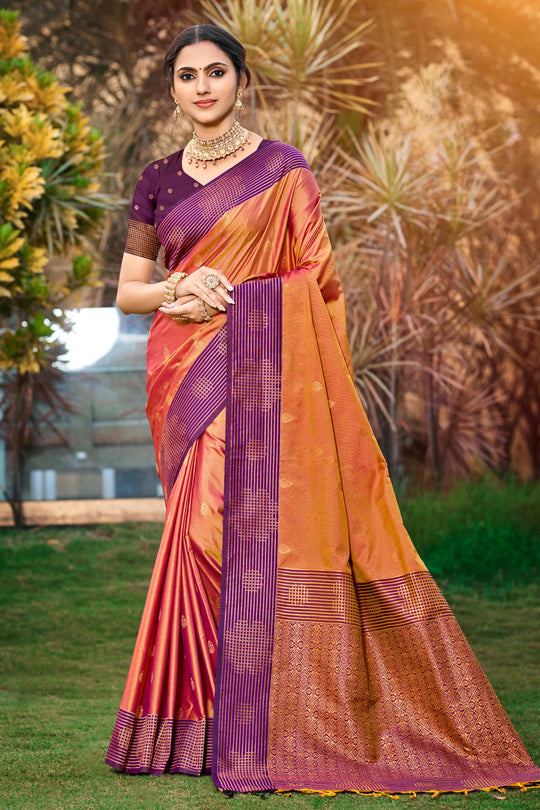 Peach Orange Soft Silk Woven Work Traditional Saree