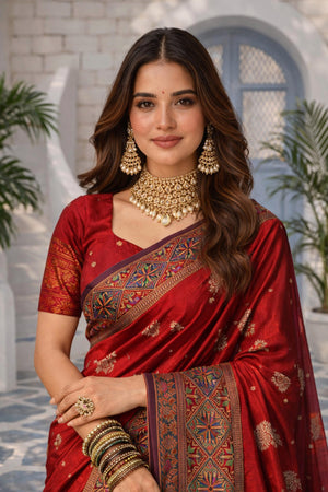 Classic Red Soft Silk Woven Work Traditional Saree