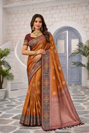 Rust Orange Soft Silk Woven Work Traditional Saree
