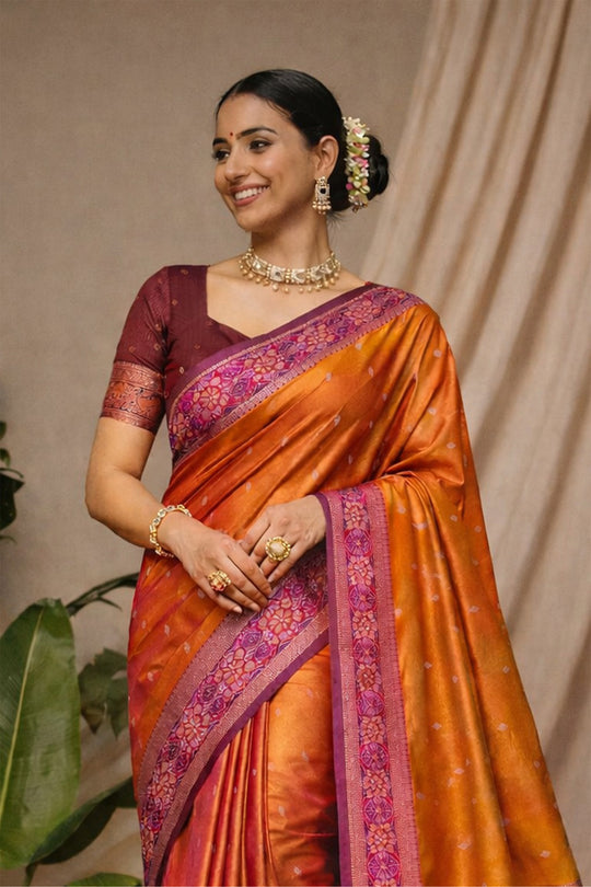 Orange Soft Silk Woven Work Traditional Saree