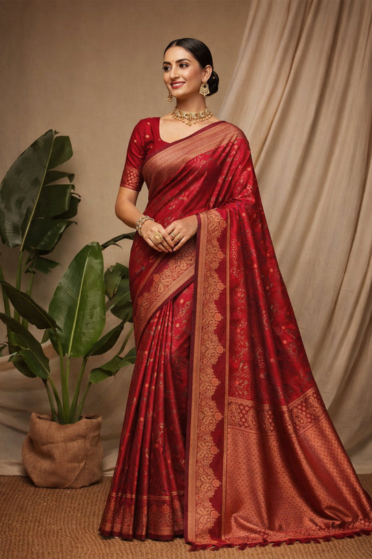 Deep Maroon Soft Silk Woven Work Traditional Saree