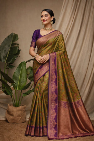 Antique Olive Soft Silk Woven Work Traditional Saree