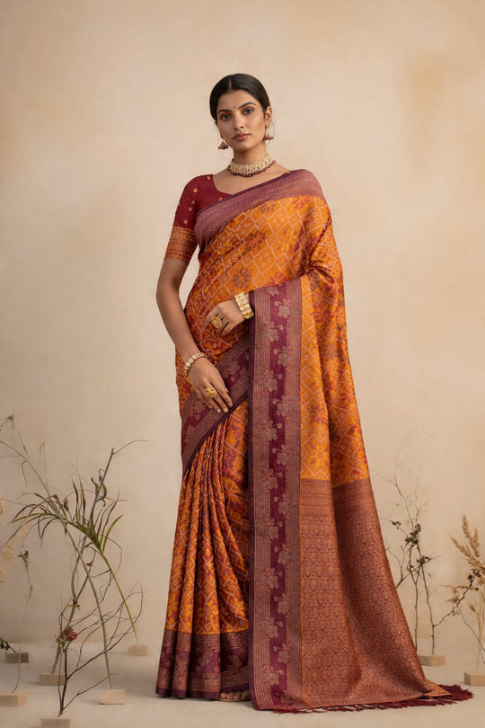 Mustard Orange Soft Silk Woven Work Traditional Saree