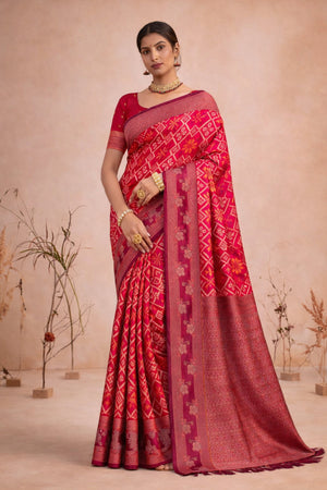 Bright Red Soft Silk Woven Work Traditional Saree