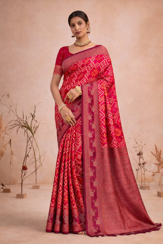 Bright Red Soft Silk Woven Work Traditional Saree