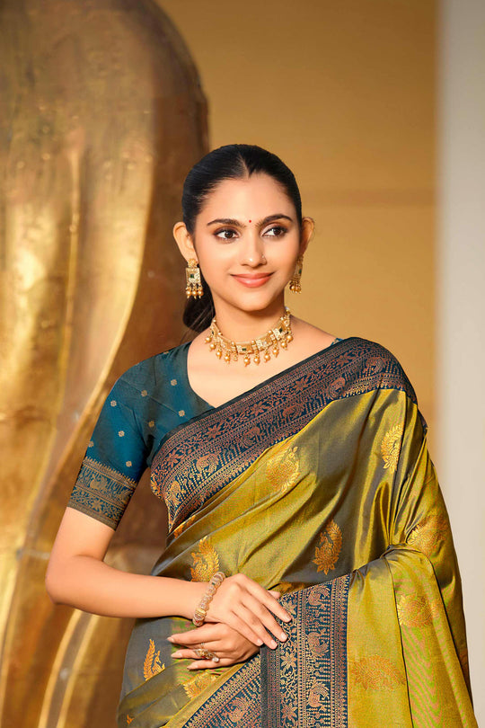Olive Green Soft Silk Woven Work Traditional Saree