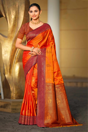 Bright Orange Soft Silk Woven Work Traditional Saree