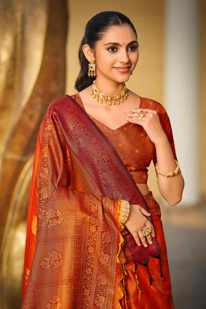 Bright Orange Soft Silk Woven Work Traditional Saree