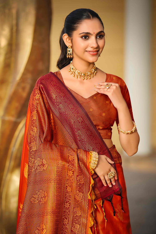Bright Orange Soft Silk Woven Work Traditional Saree
